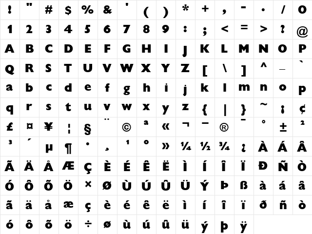GillSansDisplay-ExtraBold Extra Bold  glyph index