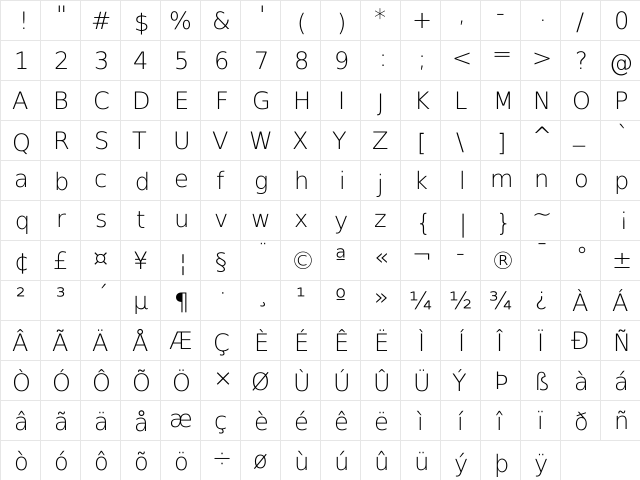 DejaVu Sans Light ExtraLight  glyph index