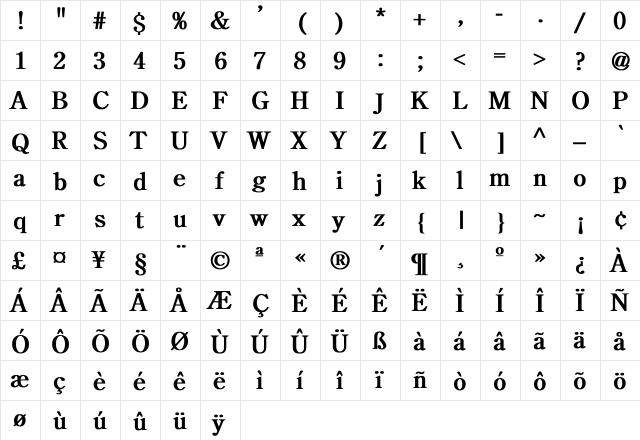 CenturyOldStyle Bold  glyph index