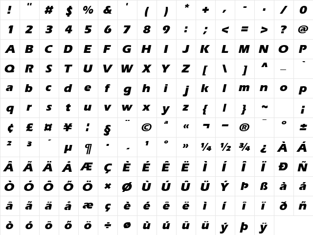 Aquiline BlackItalic  glyph index