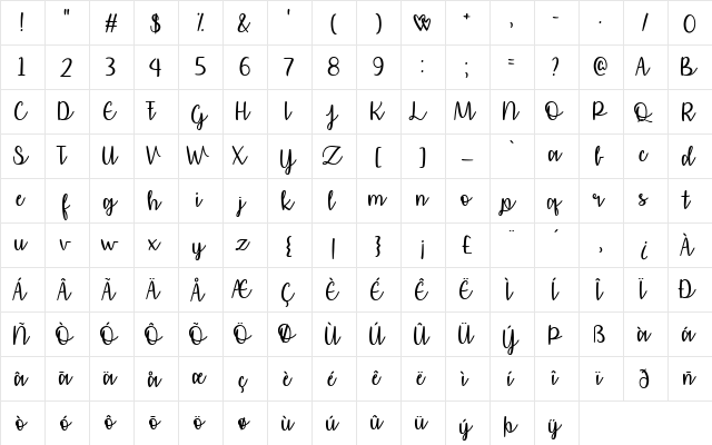 Affectionately Yours Regular  glyph index