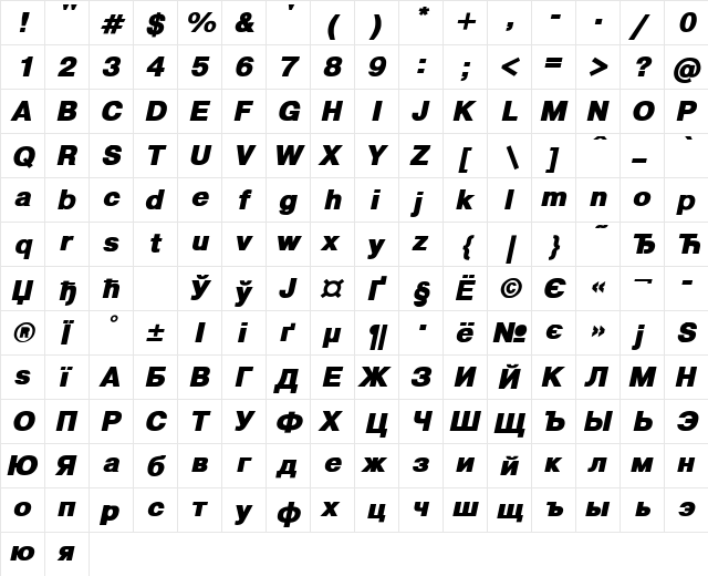 Pragmatica Black Italic  glyph index