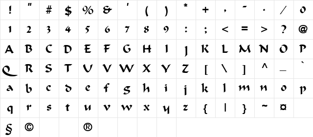 Calligrapher Regular  glyph index