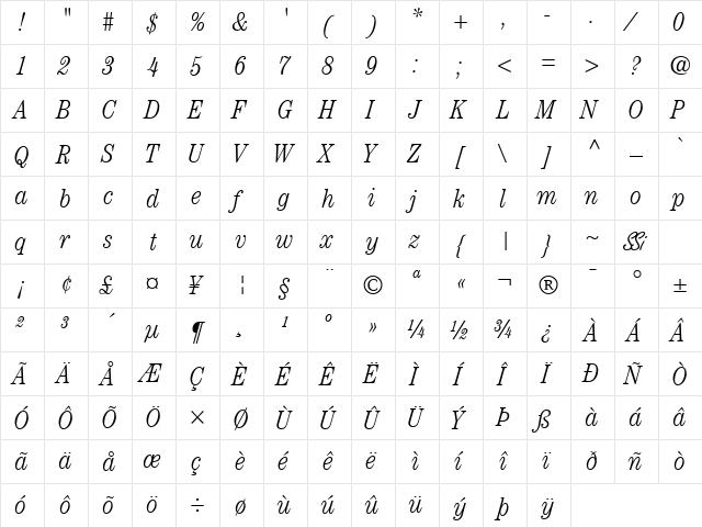 Century Light Condensed SSi Light Condensed Italic  glyph index