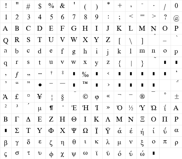 TmsGk Regular  glyph index