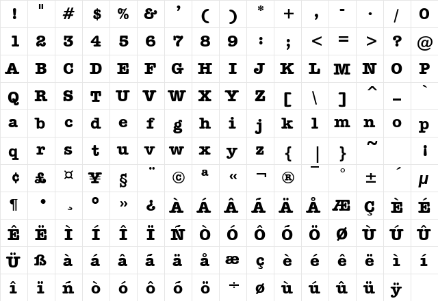 Dateline Bold  glyph index