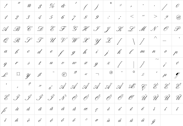 EnglishScriptEF Regular  glyph index