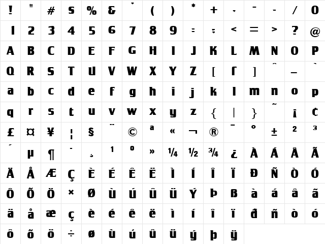 Tobago Poster Regular  glyph index