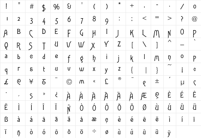 ArtGothic-Normal Regular  glyph index