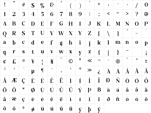 Timeline Regular  glyph index