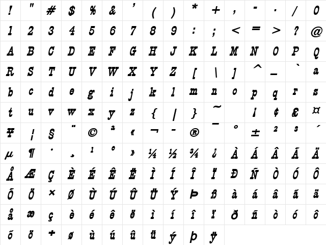 Circus Bold Italic  glyph index