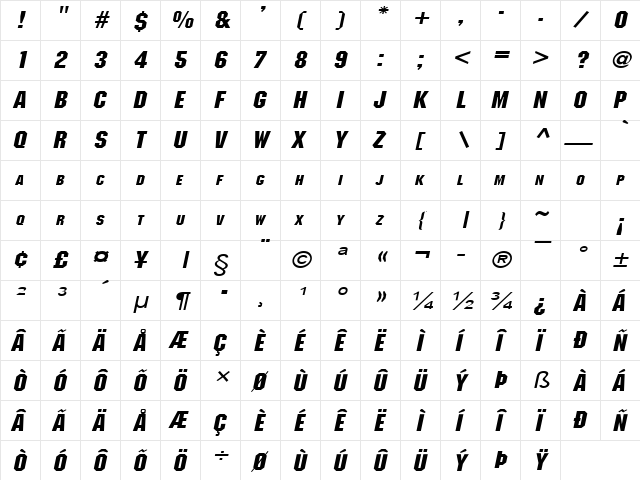 Block Wide BoldItalic  glyph index