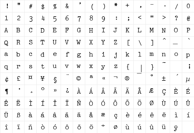 Pica Bold  glyph index