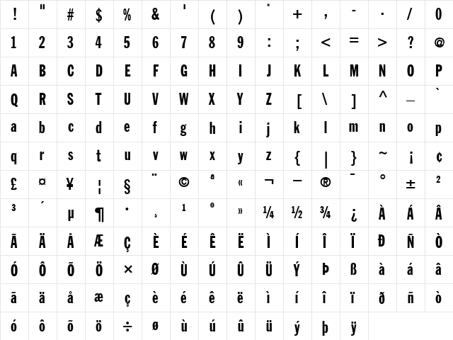 FranklinGothic-ExtraCondensed Roman  glyph index