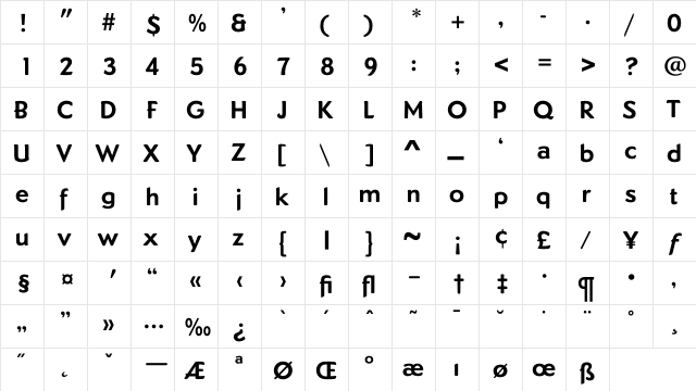 DundeeBold Regular  glyph index