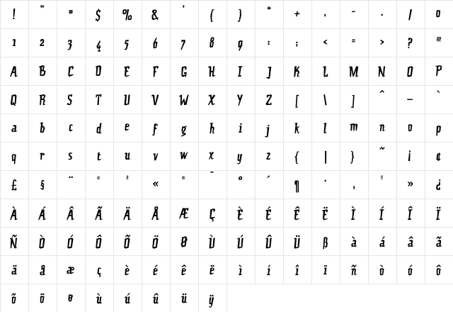 JacqueRegular Regular  glyph index
