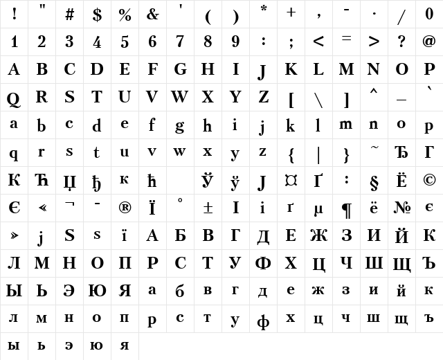 PetersburgCTT Bold  glyph index