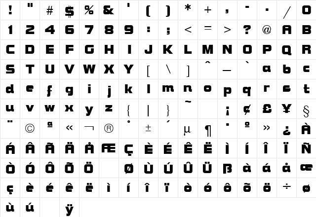 Bolt Bold  glyph index