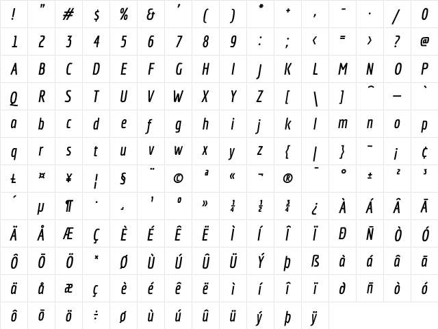 Economica Bold Italic  glyph index