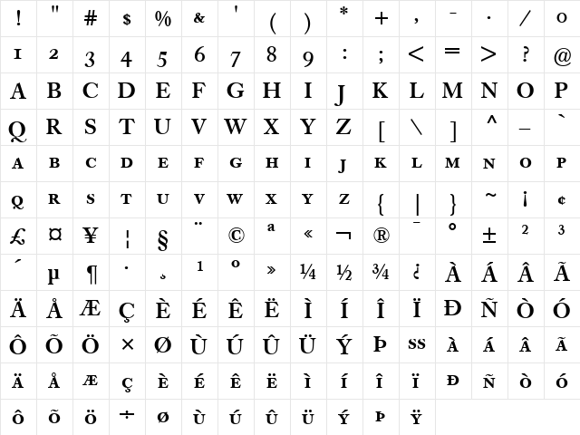 Caslon Book BE Bold  glyph index