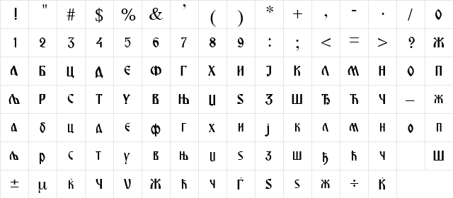 Miroslav Regular  glyph index