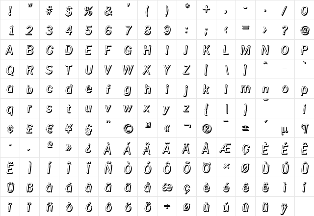 PlymouthShadow Italic  glyph index