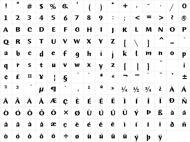 HumanaSansITC Bold  glyph index