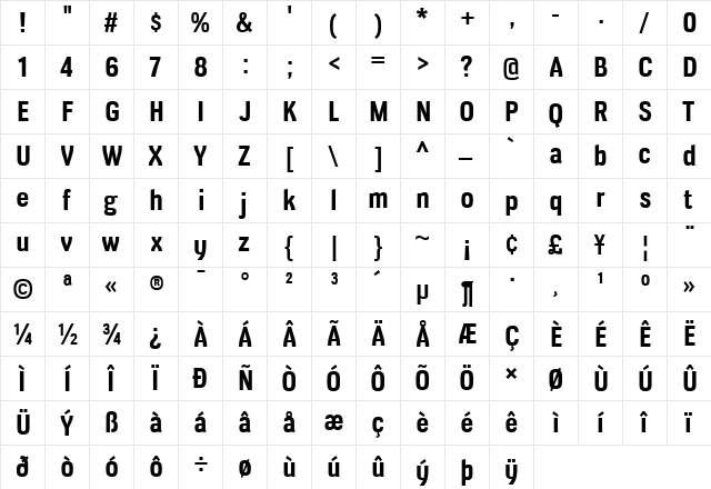 Veriox Bold  glyph index