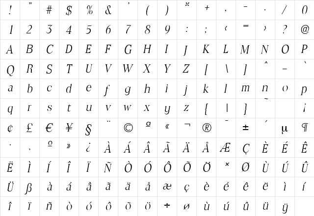 ToledoSerial-Light Italic  glyph index