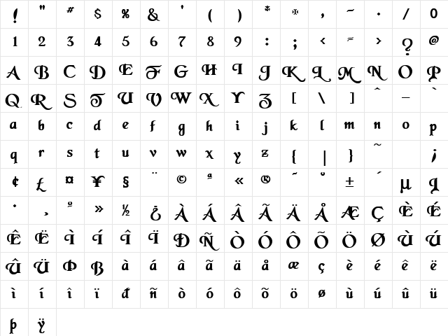 Merced-Bold Normal  glyph index