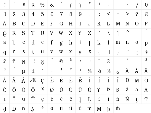 Pali Bookman Cond Regular  glyph index
