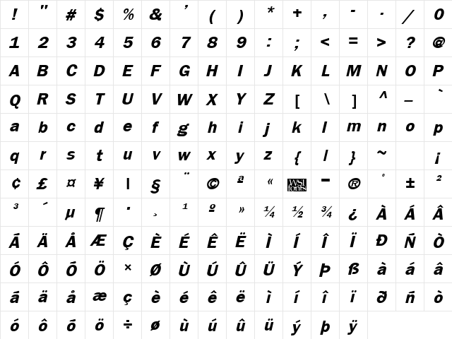 Frankfurt Bold Italic  glyph index