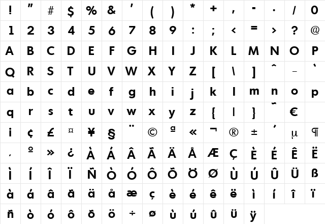 Montreal-DemiBold Regular  glyph index