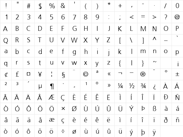 PalmaLightSSK Regular  glyph index