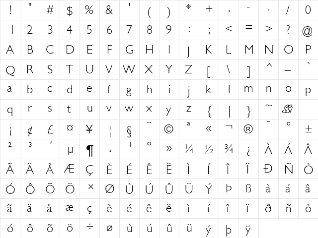 Gill Light SSi Light  glyph index