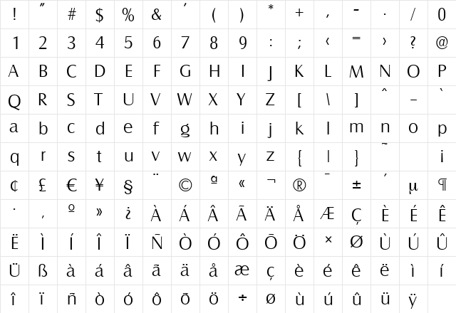 SalzburgSerial-Light Regular  glyph index