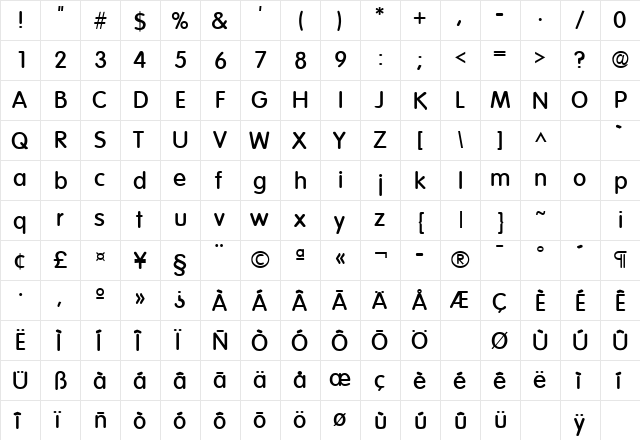 Elementary SF Bold  glyph index