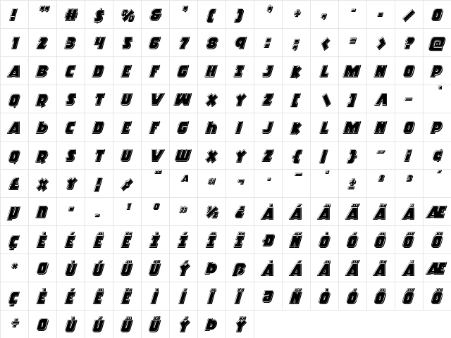 Racket Squad Bevel Italic Italic  glyph index