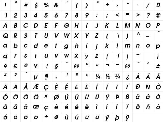 Forefront DemiObliqueSH  glyph index
