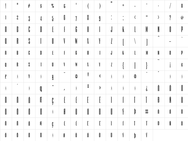 Empire Bold  glyph index