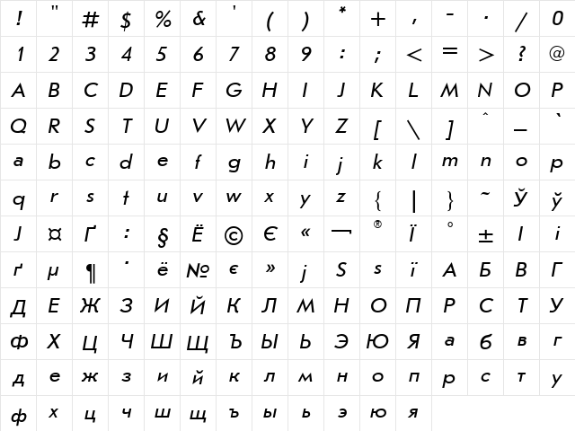 UkrainianJournalSans Italic  glyph index