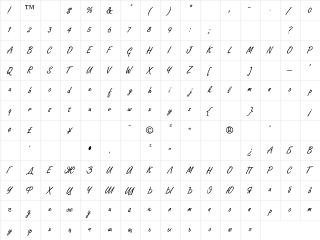 FreestyleScript Thin  glyph index