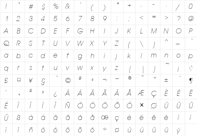 AvantGardeExtLitITC Italic  glyph index