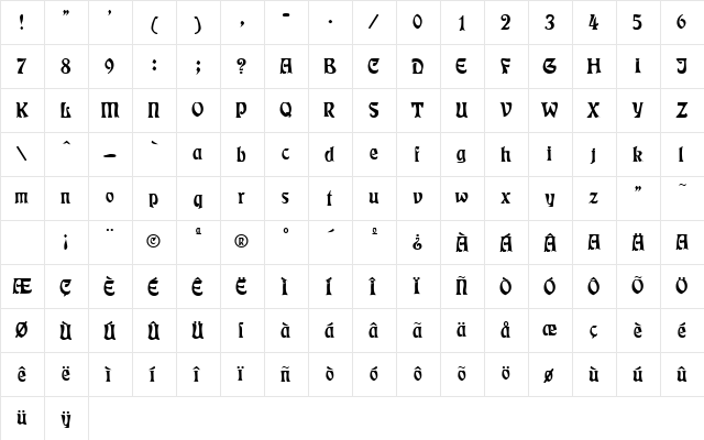 Fender 1 Regular  glyph index
