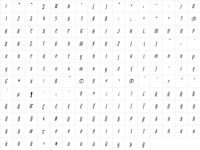 Komunique Medium Italic  glyph index