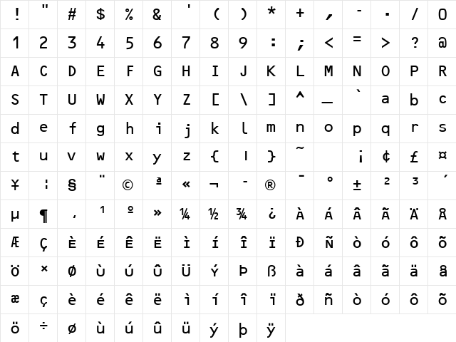 OCRB Regular  glyph index