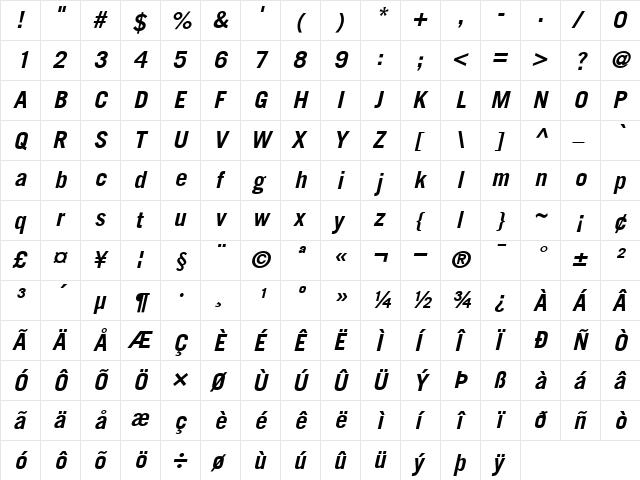 TradeGothic BoldItalic  glyph index
