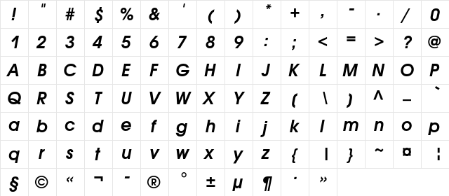 AvantGardeGothicC Bold Italic  glyph index