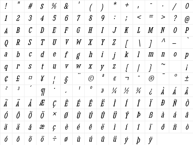 Kingsbridge Condensed Book Italic  glyph index