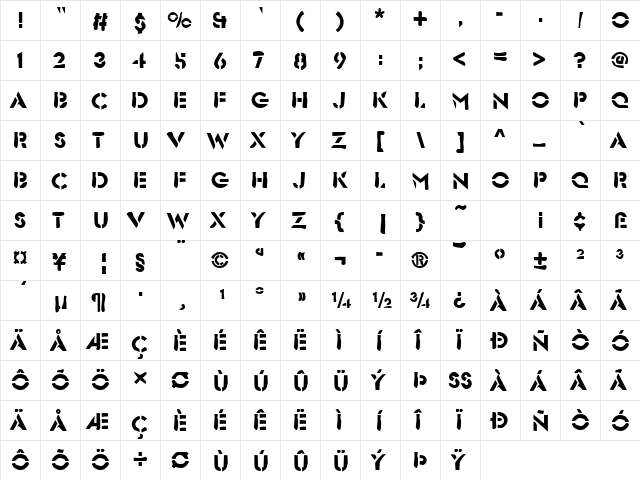 Dirty26 Becker Regular  glyph index